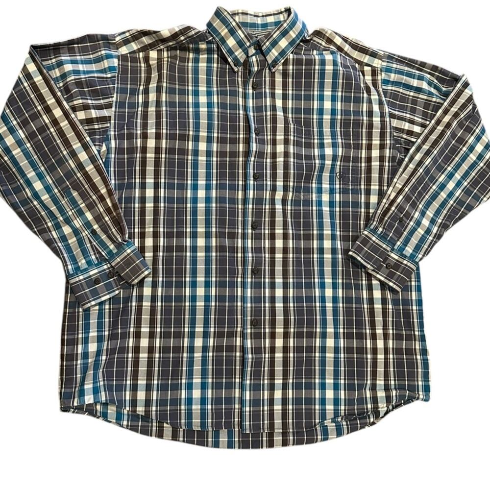 Ariat Pro Series Mens Size XL Long Sleeve Turquoise and Gray Plaid Shirt